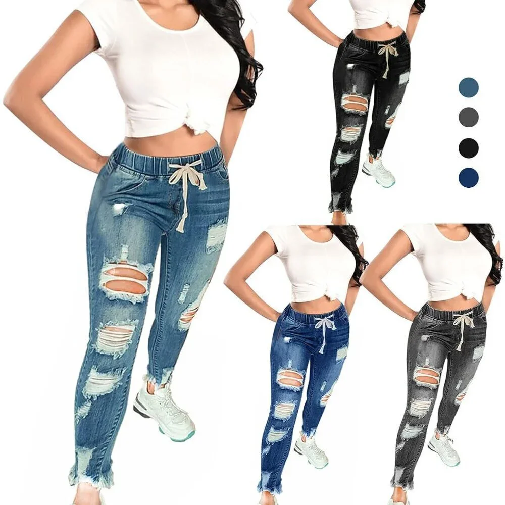 Women High Waist Skinny Ripped Denim Pants Plus Size Slim Fit Destroyed Jeans
